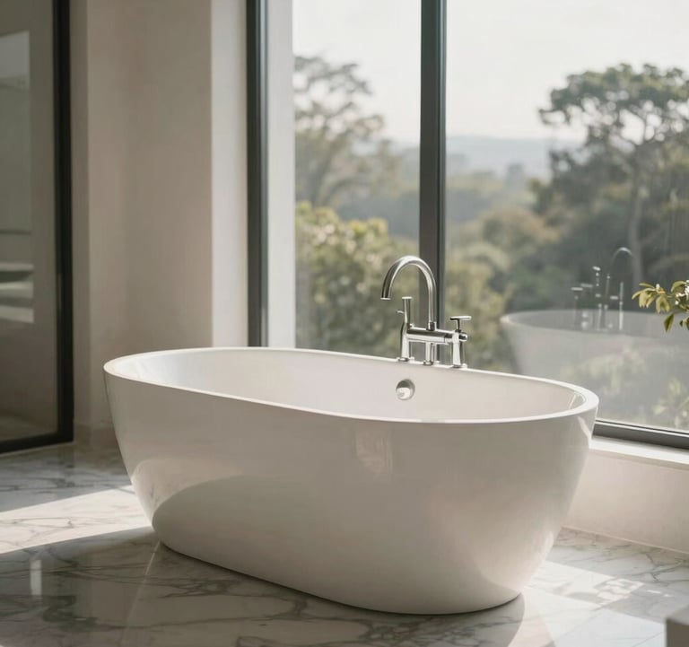 A serene photograph of a freestanding white soaking tub positioned next to a large window in a high-end Los Angeles residence. The floor is a polished marble gray, and the morning light creates a peaceful, luxury spa aesthetic.