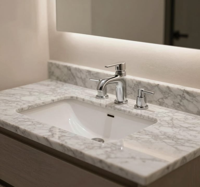 A close-up photograph of a custom bathroom vanity in a luxury Los Angeles home. Features a thick marble gray countertop, twin under-mount sinks, and elegant minimalist fixtures against a soft beige wall.