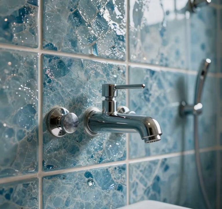 Close-up architectural photography of premium bathroom fixtures and textured aqua blue tiles. The lighting creates a tranquil, shimmering effect, showcasing high-end materials and expert craftsmanship in a North American / US (Los Angeles, California) setting.