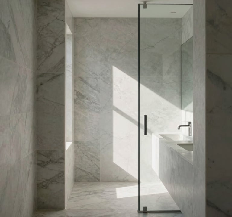 Clean, architectural photography of a minimalist bathroom layout in Los Angeles. The composition emphasizes geometric lines, soft marble textures, and a flood of natural light reflecting off glass surfaces.