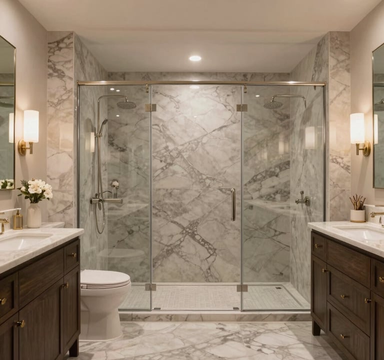 A wide shot of a completed luxury bathroom remodel in Los Angeles. The room exudes serenity with a palette of marble gray and soft beige, featuring a large walk-in shower and elegant atmospheric lighting.