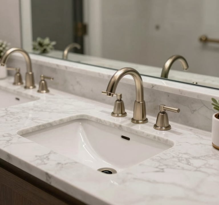 A high-end bathroom vanity with a smooth marble countertop, twin ceramic sinks, and elegant brushed metal faucets. The scene is bright and sophisticated, representing luxury interior design in a North American / US (Los Angeles, California) residence.