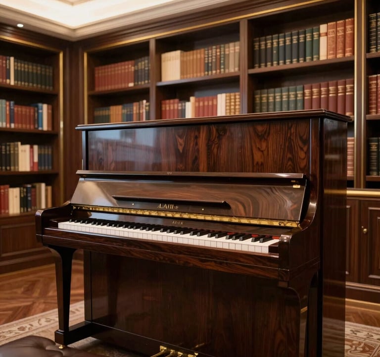 An elegant upright piano in a high-end residential library with dark wood paneling and gold accents, professional interior photography, warm ambient lighting, Global / Luxury Market.