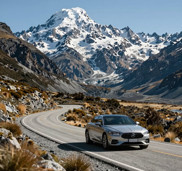 A luxury sedan driving along the scenic winding roads near Aoraki Mount Cook, captured from a distance to show the vast, majestic landscape and the serenity of the South Island, Oceania / New Zealand.