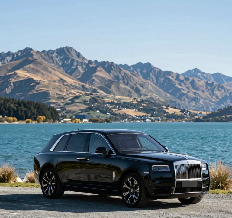 A professional photography shot of a sleek black luxury transport vehicle parked near the turquoise waters of Lake Tekapo, Oceania / New Zealand. The composition is balanced and elegant, featuring a soft-focus background of the surrounding mountains under a clear light blue sky.
