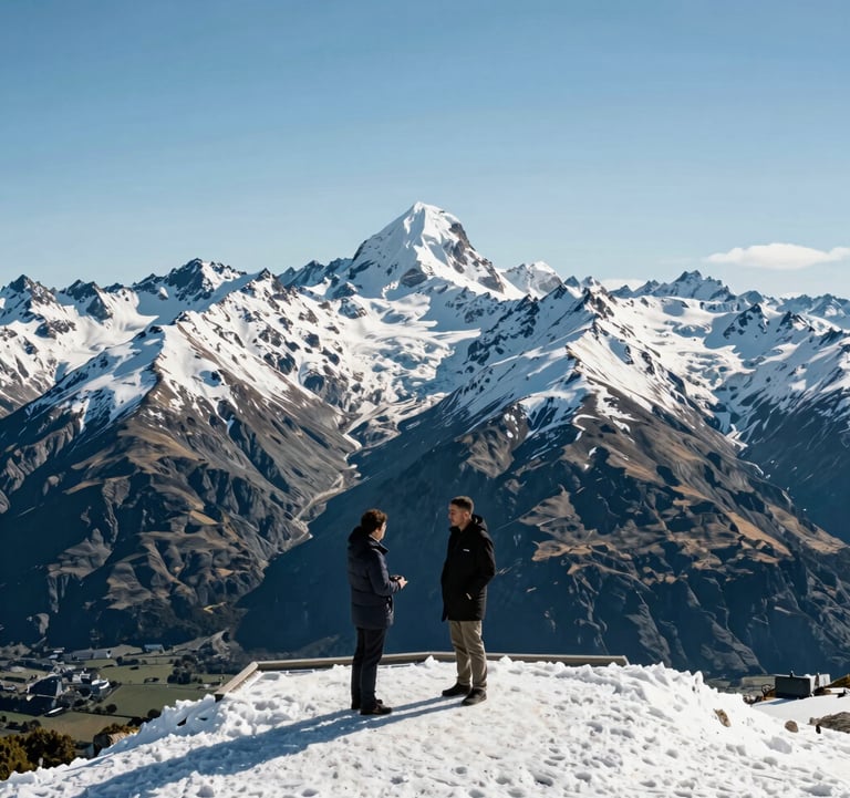 A stunning wide-angle shot of the snow-covered peaks of the Southern Alps from a scenic lookout point, Oceania / New Zealand. The lighting is bright and clear, capturing the understated luxury and professional service vibe of a high-end travel experience.