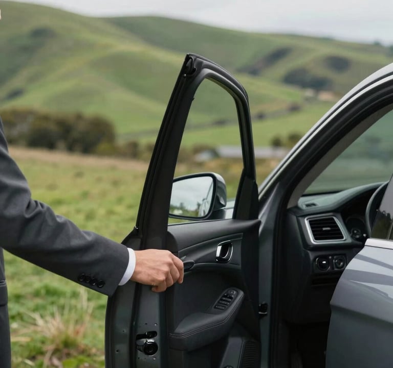 Close-up of a professional driver in a charcoal suit opening a car door for a passenger, with the lush green hills of the Canterbury region in Oceania / New Zealand softly blurred in the background.