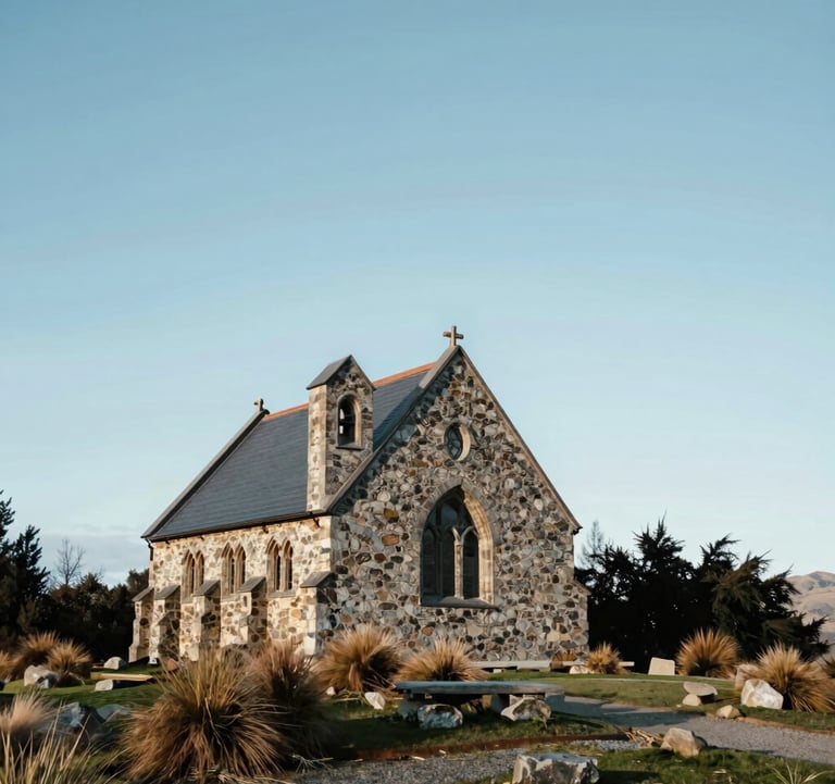 A serene shot of the historic stone Church of the Good Shepherd at Lake Tekapo, Oceania / New Zealand, under a clear blue sky. Professional composition emphasizing a peaceful, stress-free travel atmosphere in soft white and pale blue tones.