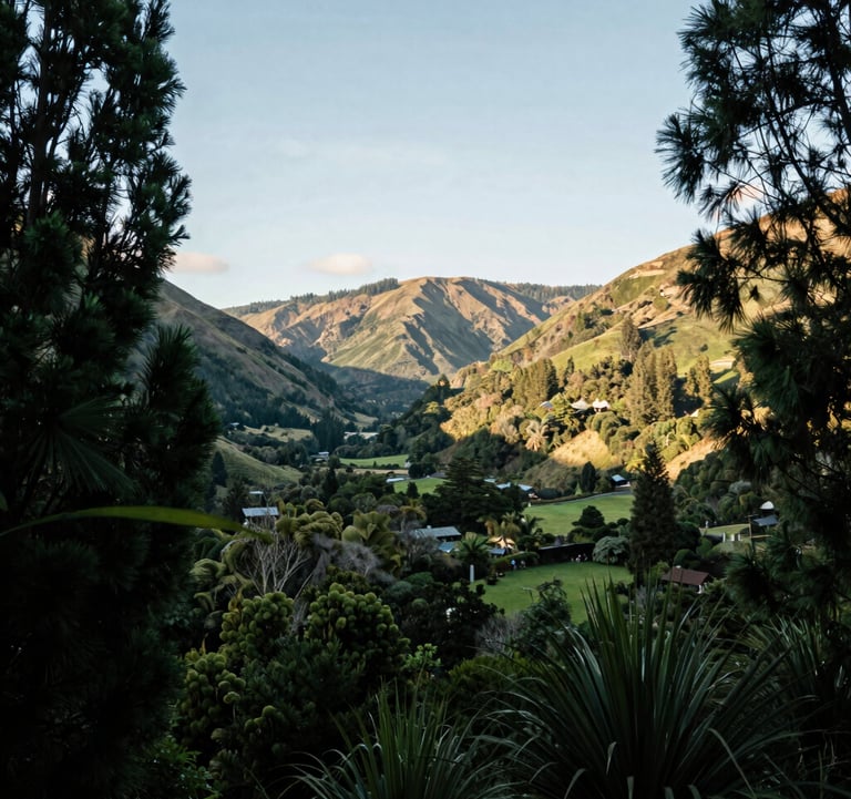 A peaceful landscape photograph of the lush, forested valley leading to Hanmer Springs, Oceania / New Zealand. The lighting is soft afternoon sun, emphasizing a stress-free and relaxing atmosphere with professional depth of field and soft green and light blue tones.
