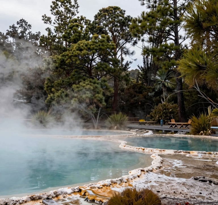 The thermal pools of Hanmer Springs surrounded by tall pine trees and mist, captured in a calm, inviting style that emphasizes relaxation and natural beauty in Oceania / New Zealand.