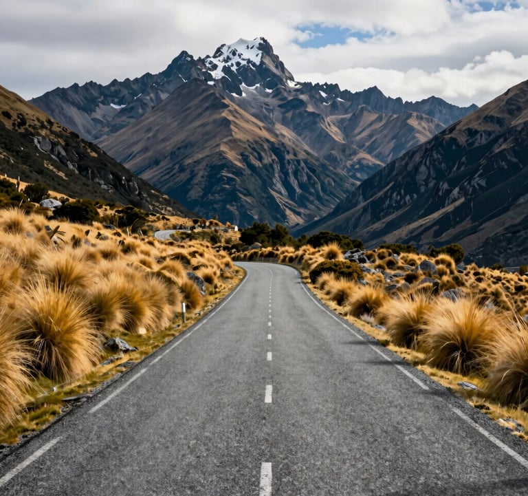 A winding asphalt road leading into the heart of the Southern Alps, with dramatic mountain peaks and golden tussock grass. Oceania / New Zealand.