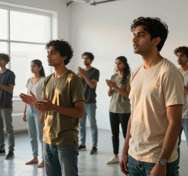 A diverse group of aspiring South Asian / Indian performers in a bright, modern studio space, practicing dialogue. Natural, premium photography with soft metallic gold highlights.