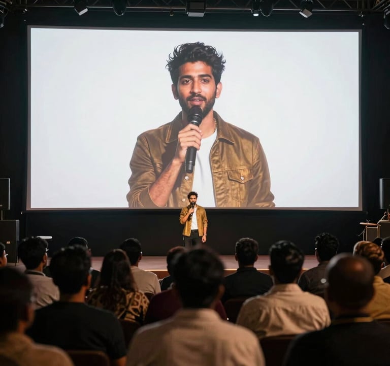 An influencer hosting a digital premiere on a large screen in a localized 'Tent Cinema' setting within a South Asian / Indian village. Crowds are engaged and illuminated by the screen's white and gold glow.