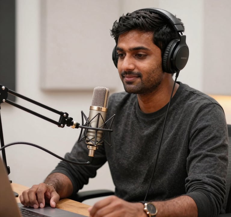 A cinematic photograph of a modern South Asian / Indian podcast studio, with crisp white acoustics and dark charcoal furniture. Warm bronze lighting illuminates a high-quality microphone and headphones.