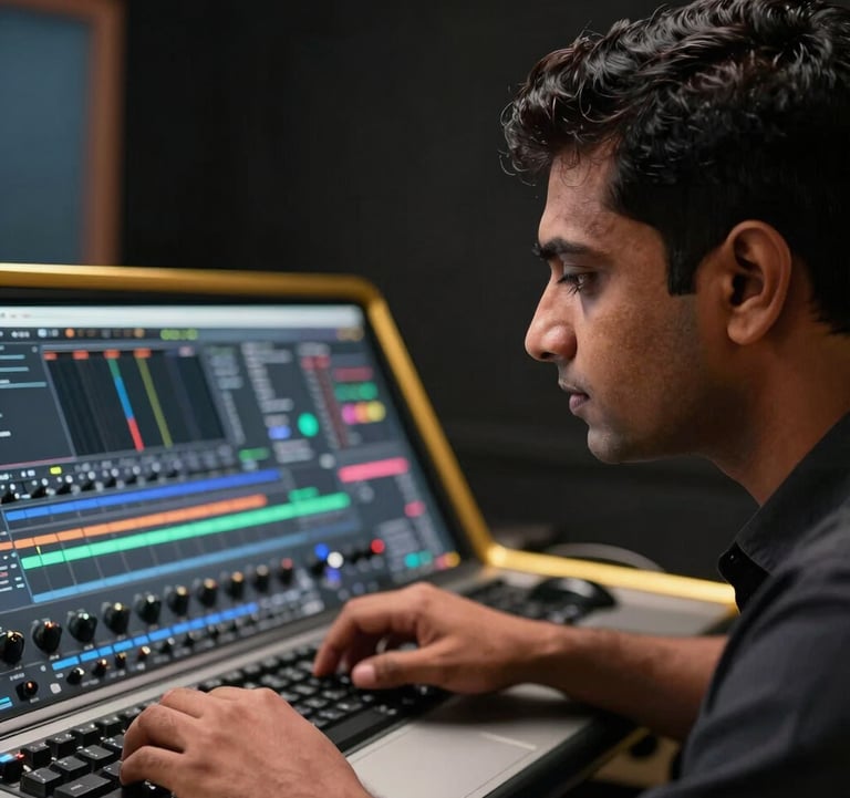 A close-up shot of an industry professional in a South Asian / Indian studio environment, looking intently at a high-end editing console. The room is dark with sharp metallic gold rim lighting highlighting the profile.