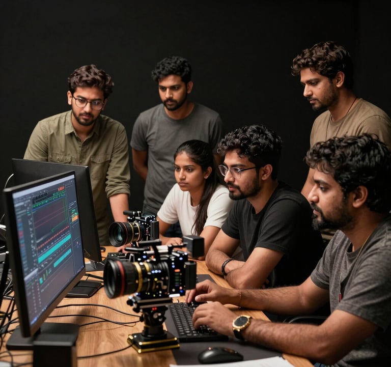 A group of aspiring South Asian filmmakers in a cinematic workshop environment. They are gathered around a professional editing suite with metallic gold lighting illuminating their focused faces against a pitch black studio background.