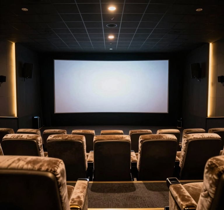 An interior shot of a luxury 'Tent Cinema' localized for a South Asian / Indian setting. Plush seating faces a large screen, with ambient gold lighting casting soft shadows in a premium, pitch black auditorium.