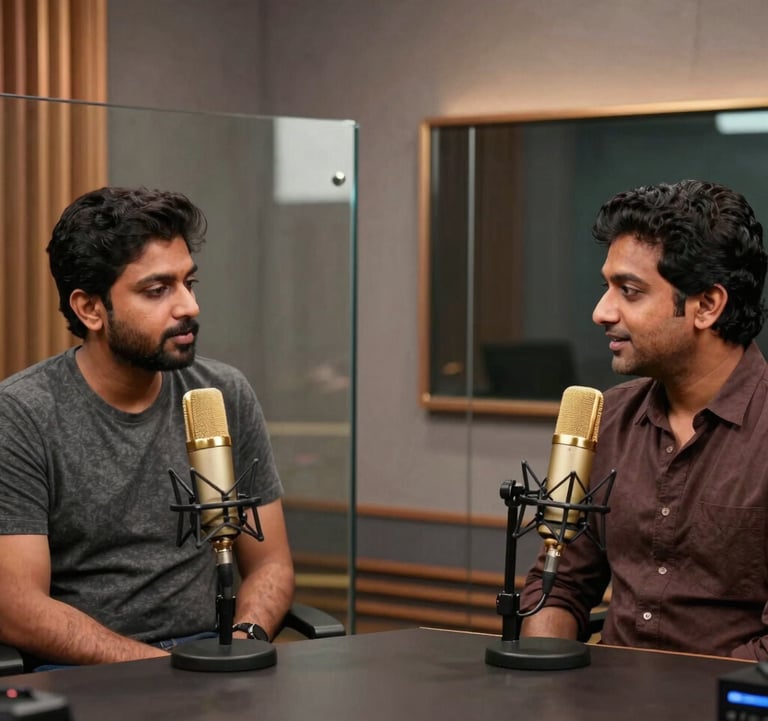 A cinematic medium shot of a podcast recording session in a high-end South Asian / Indian studio. Two professionals are speaking into gold-colored microphones, with glassmorphism partitions and warm bronze accent lighting in the background.