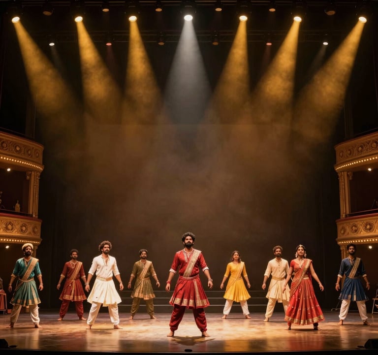A dramatic wide-angle shot of a live cinematic stage performance in a grand South Asian / Indian theater. Performers are captured in motion under brilliant gold spotlights against a deep charcoal stage.