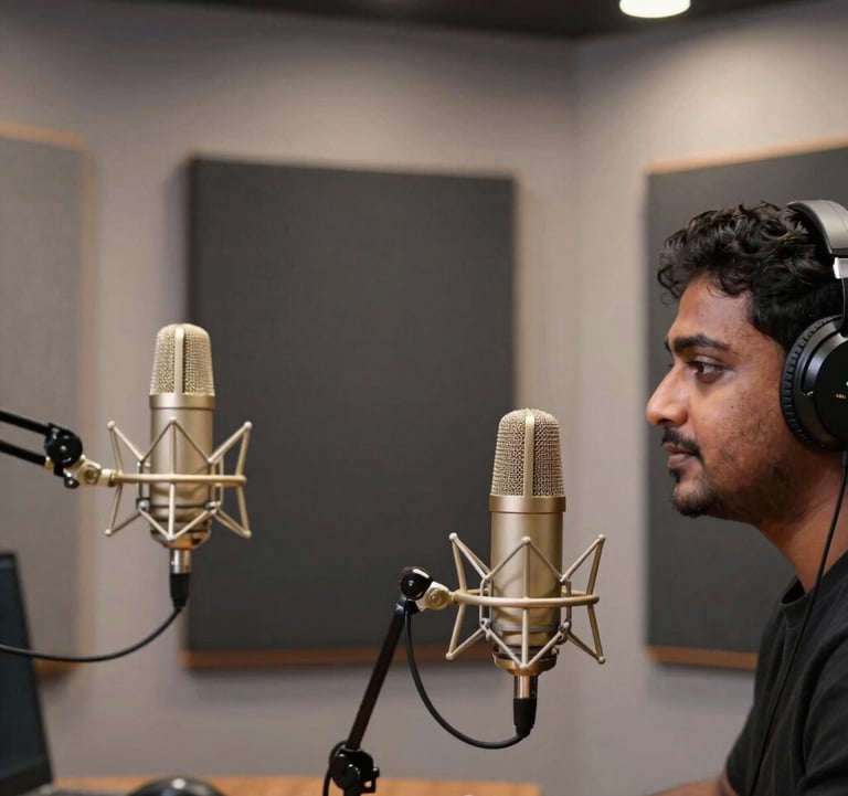 A luxury podcast studio interior in a professional South Asian media hub. The room features dark slate grey soundproofing panels, elegant metallic gold microphones, and soft white ambient lighting. A professional South Asian creator is visible in a cinematic profile view.