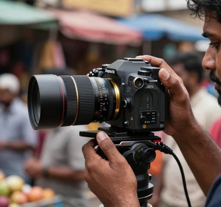 A close-up of a filmmaker operating a handheld camera in a vibrant South Asian / Indian urban market, following the Dogma 95 style. Natural lighting, deep charcoal tones with metallic gold reflections on the camera gear.