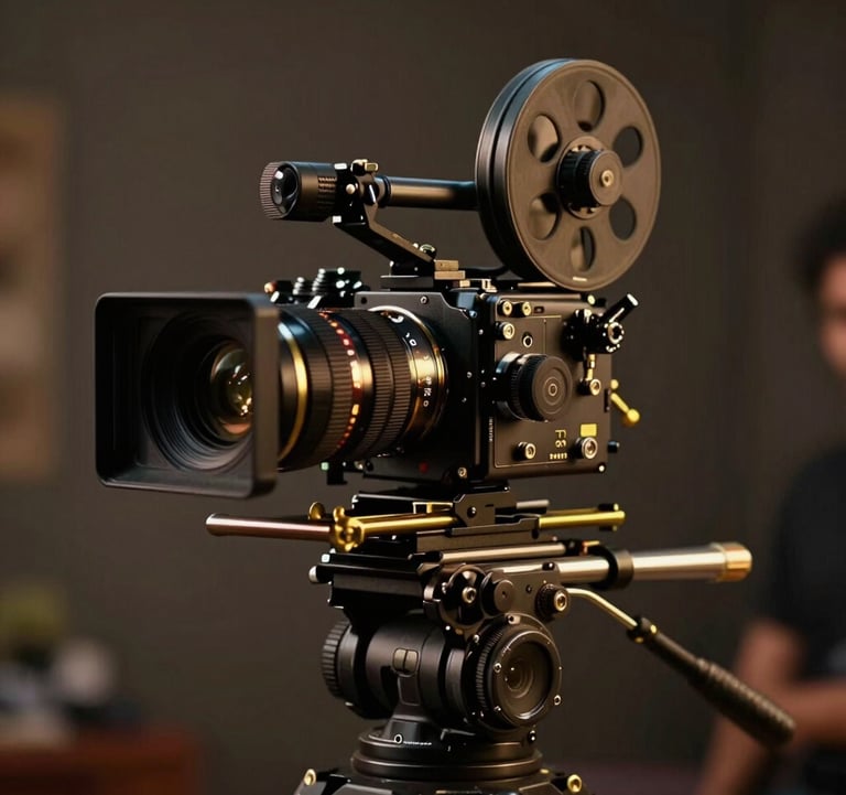 A cinematic close-up of a high-end film camera on a gimbal, moving through a stylized South Asian film set. The lighting is dramatic with deep charcoal shadows and metallic gold accents on the equipment, reflecting a premium cinematic movement.