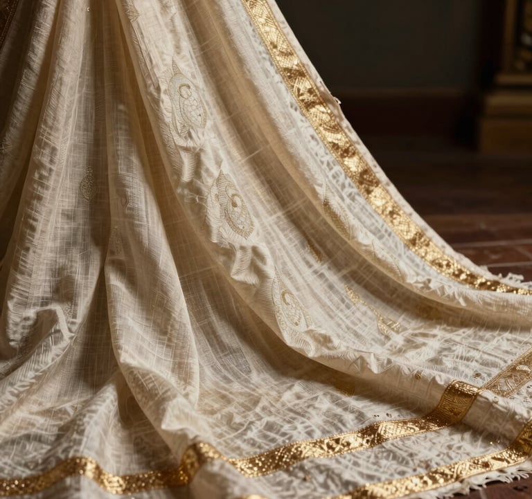 A high-fashion shot of an authentic handcrafted South Asian / Indian textile being held up, reflecting a premium e-commerce aesthetic. Rich textures and subtle metallic gold threads visible.