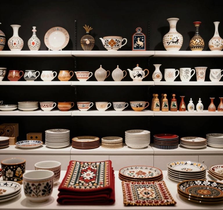 A vibrant but sophisticated gallery shot of South Asian / Indian handcrafted goods in a premium store setting. The background is pitch black, making the textures of the arts and crafts pop under soft white light.