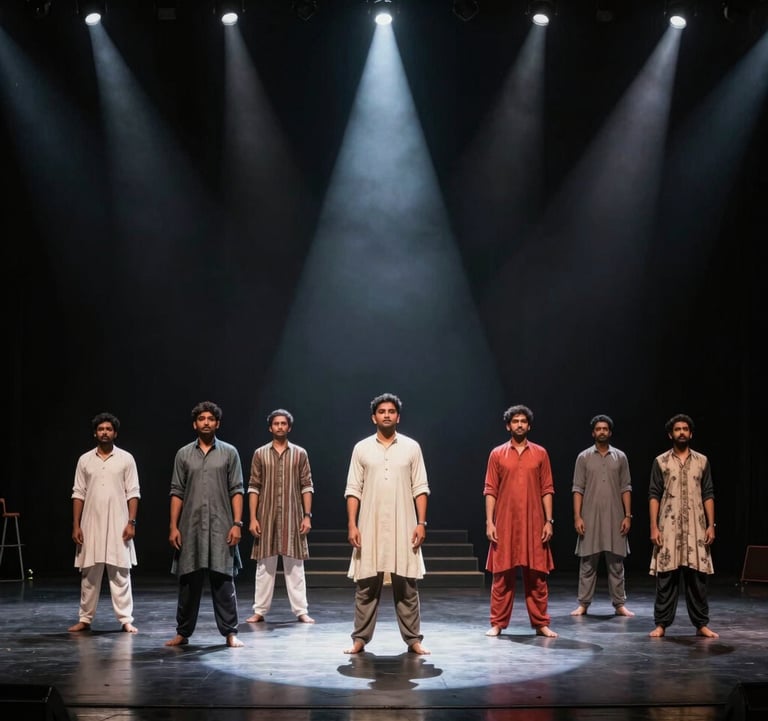 A dramatic wide shot of a live cinematic stage performance in a South Asian / Indian theatre. Actors are in focus with spotlighting, creating high-contrast shadows on a pitch black stage.