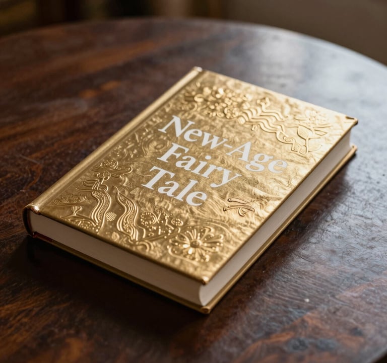 A luxury edition of a 'New-Age Fairy Tale' book lying on a dark wooden table in a South Asian / Indian home. The cover has metallic gold embossing and crisp white title text.
