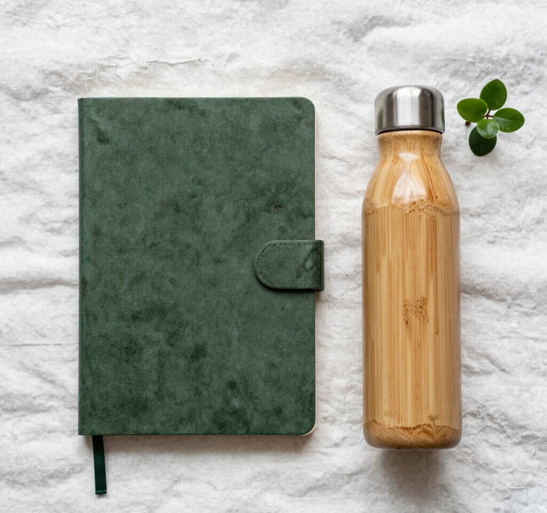 A flat lay of travel essentials: a dusty leaf green notebook, a bamboo water flask, and a small plant on soft misty white linen. Clean and professional composition.