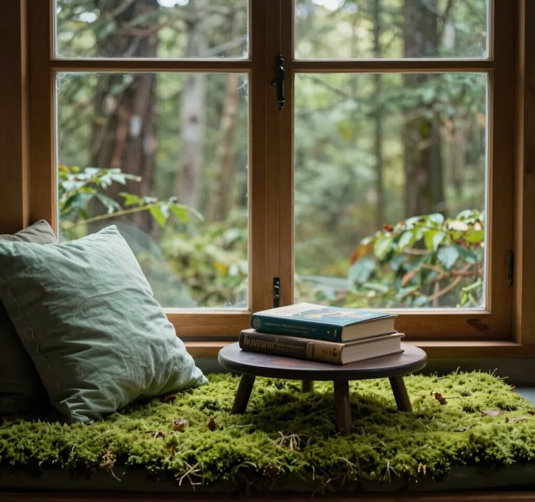 An atmospheric photo of a cozy reading nook in an eco-lodge, with a large window overlooking a forest and several books on a small table. Soft moss green and pale mint color palette.