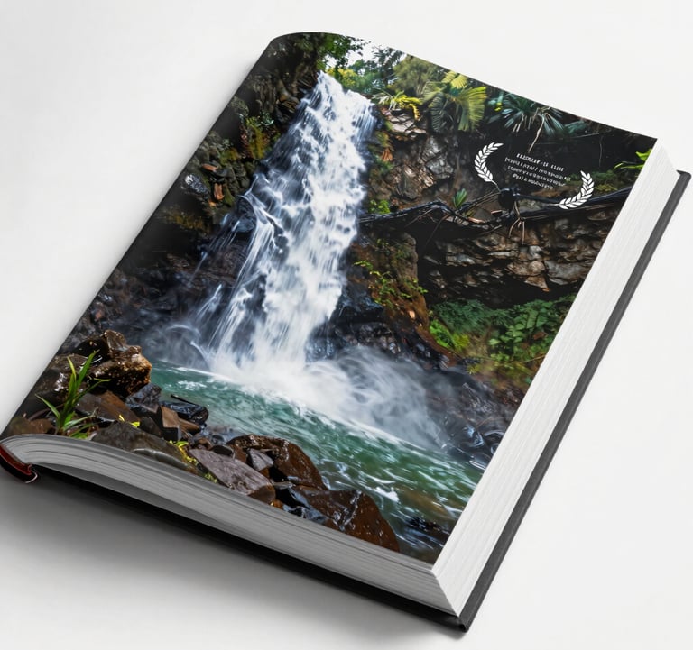A high-quality open book showcasing a professional photo of a hidden waterfall. The page edges are crisp and clean. Natural lighting.