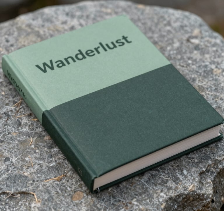 A close-up shot of a minimalist travel book cover titled 'Wanderlust' resting on a smooth grey stone. The lighting is soft and natural. Colors include dusty leaf green and dark charcoal green accents.