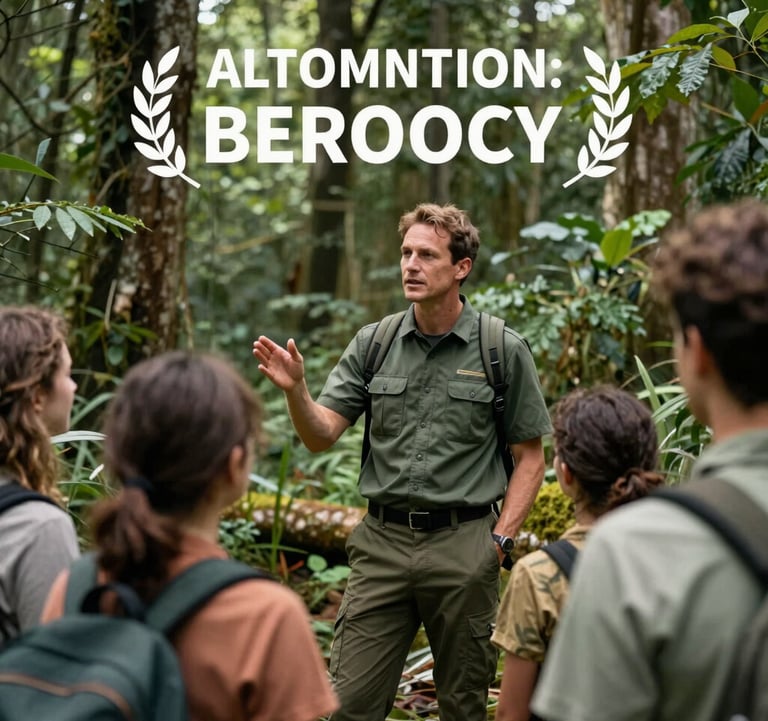 A lifestyle photograph of a professional guide explaining local ecology to a small group of travelers in a lush forest setting. The guide wears a muted forest green uniform, and the scene exudes trust and expertise.