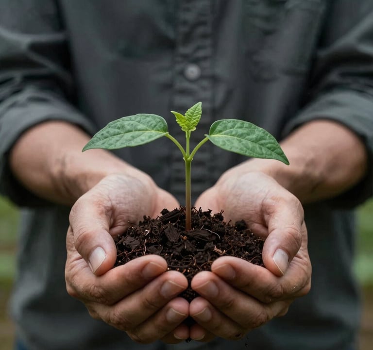 A close-up shot of a small plant sapling growing out of rich dark soil, held by caring hands. This represents the sustainability and growth mission of the brand. Muted forest green and dark slate grey palette.
