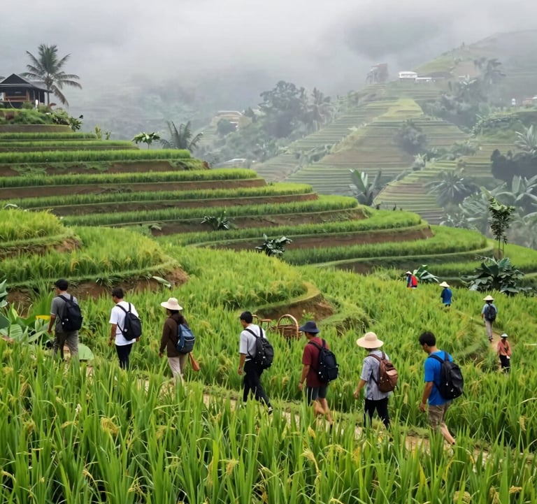 A small group of travelers walking through a vibrant green rice terrace during a soft misty white morning. Focus on sustainable and respectful tourism.