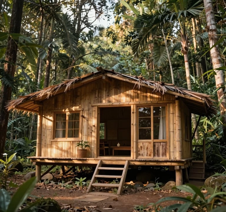 A serene sustainable tourism lodge built from bamboo and reclaimed wood, integrated perfectly into a deep forest sage environment. Soft natural afternoon lighting.