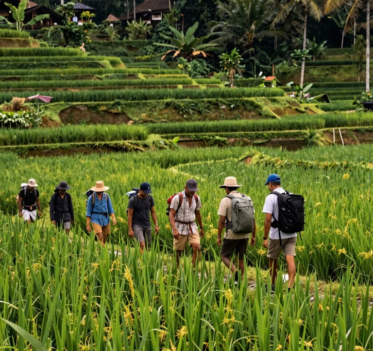 A group of professional adventurers trekking through a vibrant green rice terrace in Bali. The lighting is natural and warm, showcasing high-quality sustainable tourism. Sage green and muted forest green tones.