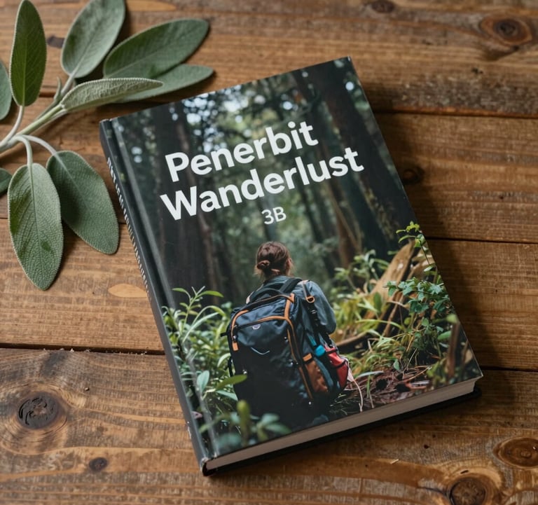 A professional flat-lay photograph of a high-quality travel book with 'Penerbit Wanderlust' on the cover, resting on a rustic wooden table next to a sprig of sage green leaves. The lighting is soft and natural.