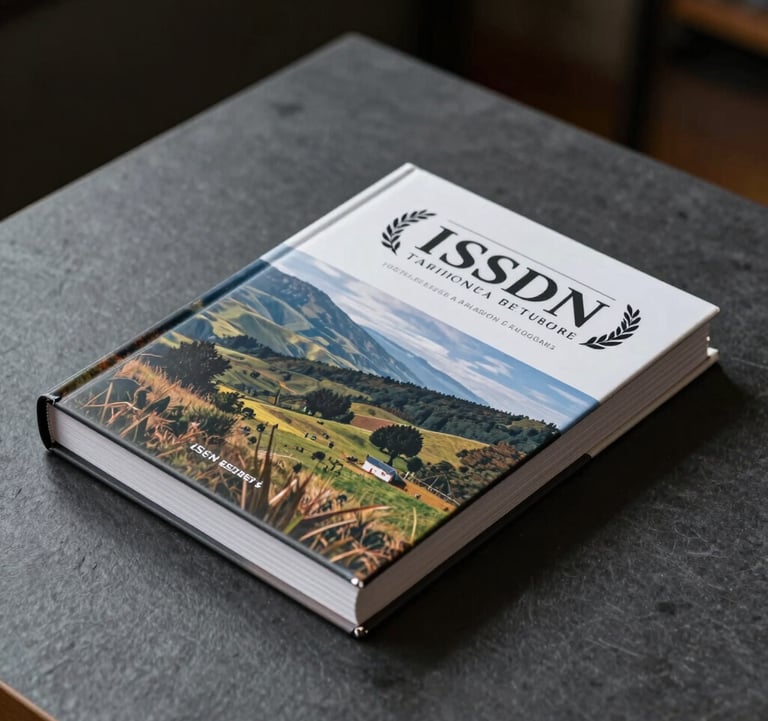 A clean, professional photograph of a travel book with a matte cover featuring a landscape, placed on a dark slate grey table. The book has an ISBN visible on the back, reflecting high publishing standards.