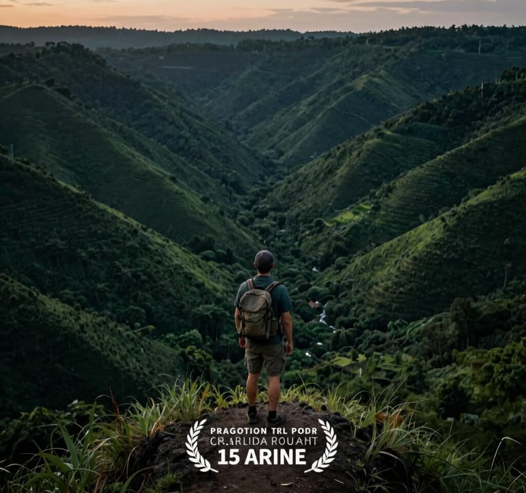 A solo traveler standing on a ridge looking over a lush green valley at dusk. Deep charcoal green forest in the distance. Cinematic and atmospheric.