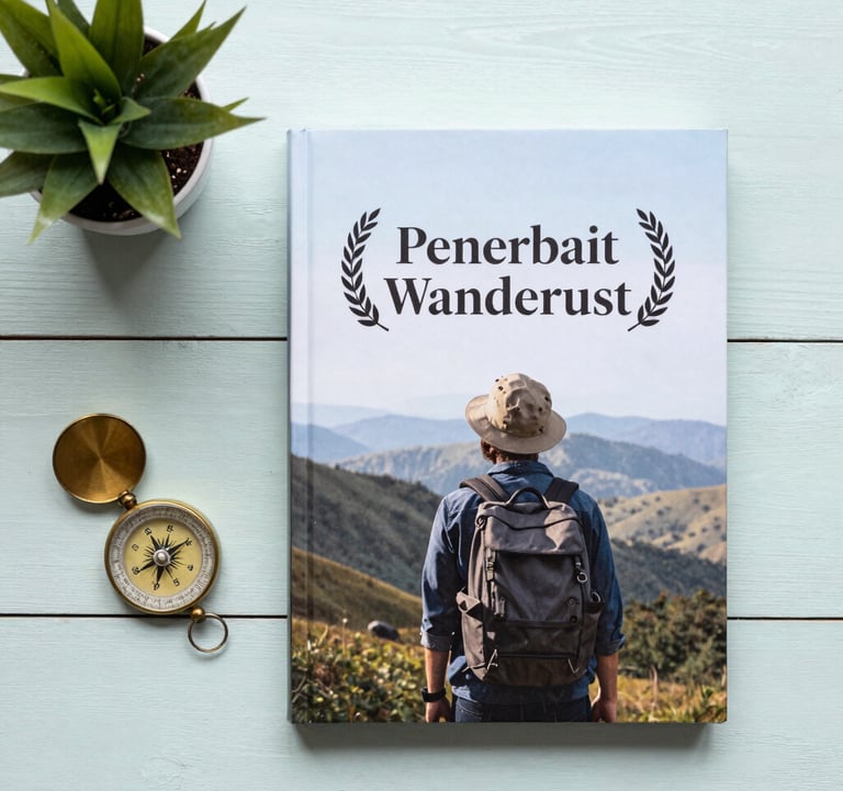 An aesthetic flat-lay of travel essentials: a high-quality published travel book from Penerbit Wanderlust, a vintage compass, and a small potted plant on a pale mint wooden surface.