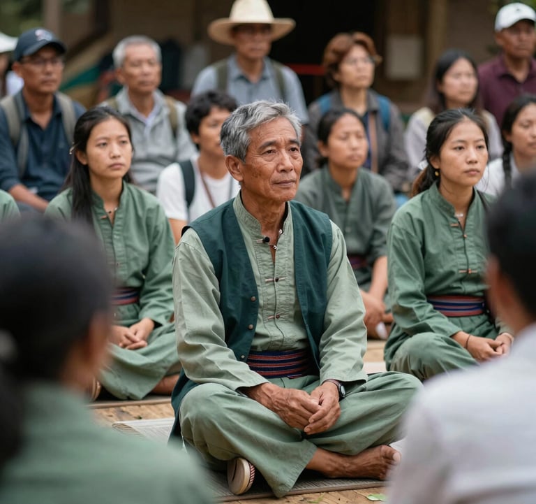 A sharp, vibrant photo of a local cultural ceremony being observed by respectful travelers. The image captures the authentic spirit of sustainable travel with muted sage and deep slate green tones.