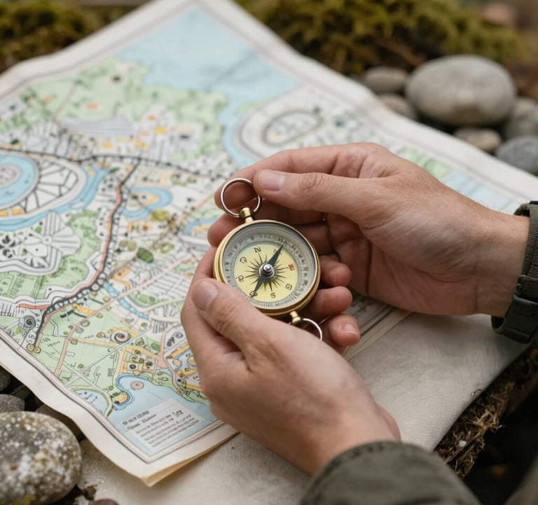 A close-up photograph of a traveler's hands holding a vintage compass and a map over a soft off-white fabric, surrounded by natural elements like stones and moss in tones of sage green.