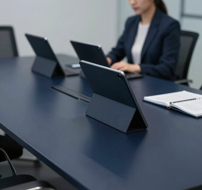 A professional setting showing a modern boardroom table with high-end tablets and notebooks. The style is minimalist and organized. Dark navy tones (#0F1D2C) dominate, conveying authority and focus.