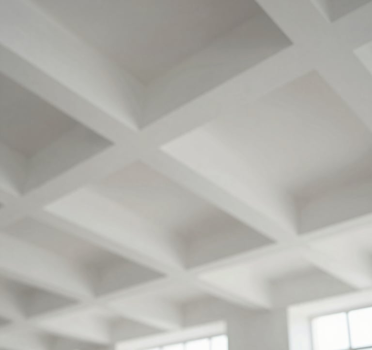 Architectural detail of an institutional ceiling, featuring clean lines and geometric patterns that suggest order and complexity. Muted palette of #94A7B7 and #F4F7FA. Professional photography, bright and airy.