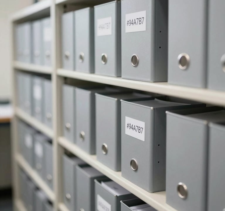 A clean, minimalist archive with rows of neatly organized documents and professional folders in grey (#94A7B7), representing institutional memory and organized data. Soft, natural lighting and an authoritative, quiet atmosphere.