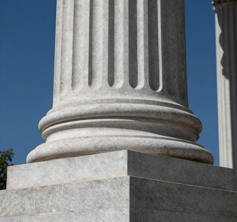 A low-angle shot of a sturdy stone pillar or pedestal, representing a firm foundation for institutional work. The lighting is strong and clear, highlighting the solid texture of the stone. Colors integrated: #94A7B7 and #2B4E6B.