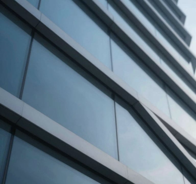 An abstract close-up of metal and glass architectural elements. Strong diagonal lines suggest movement and forward-thinking. The color palette centers on #2B4E6B and metallic greys.